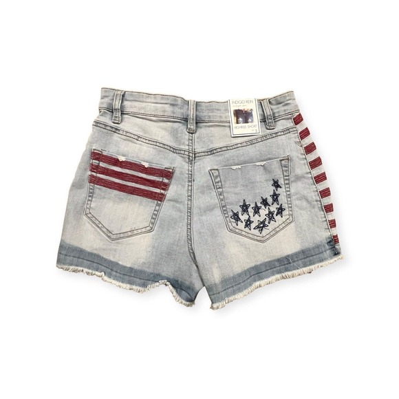 Indigo Rein Mid Rise Blue Jean Frayed American Flag Hem Shorts Size 3/27 - Picture 2 of 11